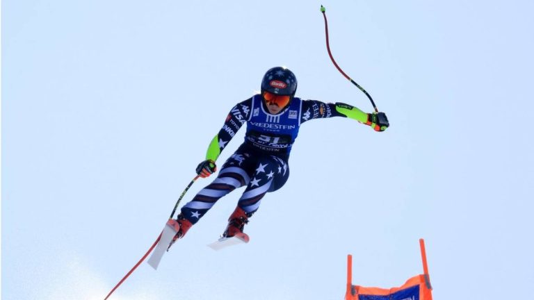 United States' Mikaela Shiffrin is airborne during an alpine ski, women's World Cup super-G, in Val di Fassa, Italy, Sunday, March 8, 2026. (Luciano Bisi/AP)