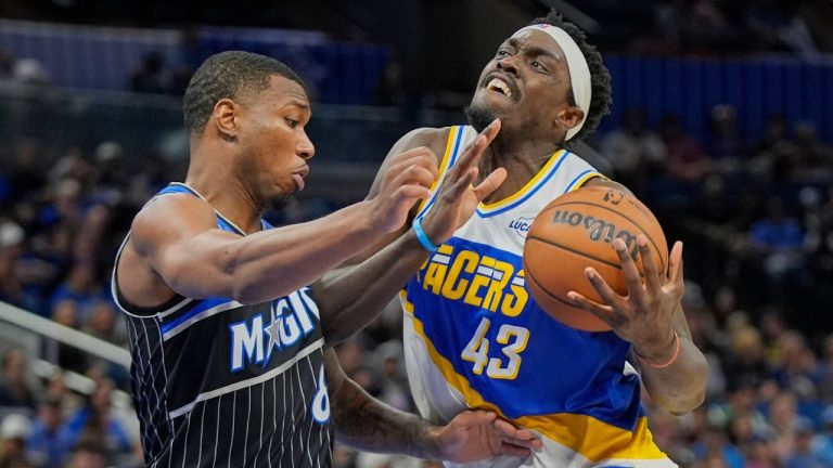 Indiana Pacers forward Pascal Siakam (43) drives against Orlando Magic forward Jamal Cain, left, during the second half of an NBA basketball game, Monday, March 23, 2026, in Orlando, Fla. (John Raoux/AP Photo)