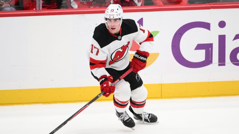 New Jersey Devils defenceman Simon Nemec (17) in action during the overtime of an NHL hockey game against the Washington Capitals, Saturday, Nov. 15, 2025, in Washington. (Nick Wass/AP)
