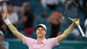 Jannik Sinner of Italy celebrates after defeating Jiri Lehecka of the Czech Republic in the men's singles final at the Miami Open tennis tournament, Sunday, March 29, 2026, in Miami Gardens, Fla. (Rebecca Blackwell/AP)