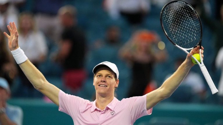 Jannik Sinner of Italy celebrates after defeating Jiri Lehecka of the Czech Republic in the men's singles final at the Miami Open tennis tournament, Sunday, March 29, 2026, in Miami Gardens, Fla. (Rebecca Blackwell/AP)