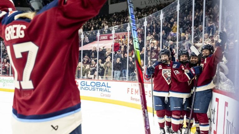 Montreal Victoire's Laura Stacey (7), far right, celebrates with teammates after scoring during second period PWHL hockey action against Seattle Torrent, in Laval, Que., on Thursday, March 19, 2026. (Christopher Katsarov/CP)