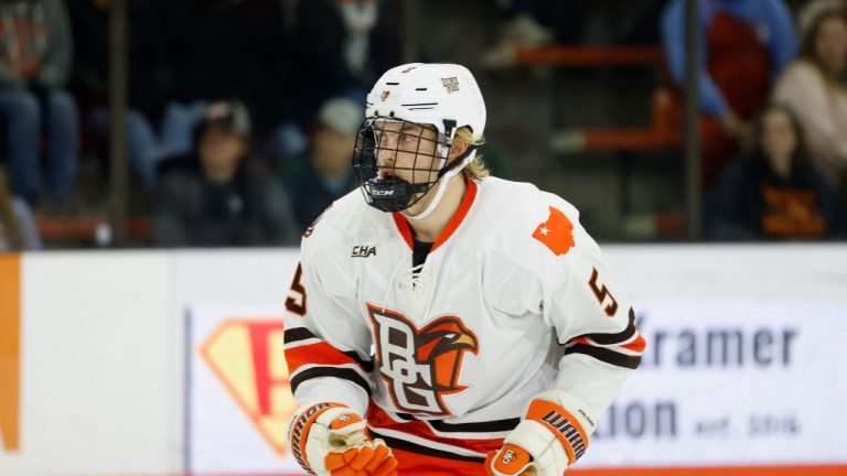 Bowling Green defenceman Gustav Stjernberg (5) skates against the Northern Michigan during an NCAA hockey game on Friday, Dec. 13, 2024, in Bowling Green, Ohio. (Rick Osentoski/AP)