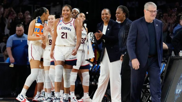 UConn forward Sarah Strong and teammates react at the end of a game against the Notre Dame in the Elite Eight of the NCAA college basketball tournament, Sunday, March 29, 2026, in Fort Worth, Texas. (Tony Gutierrez/AP)