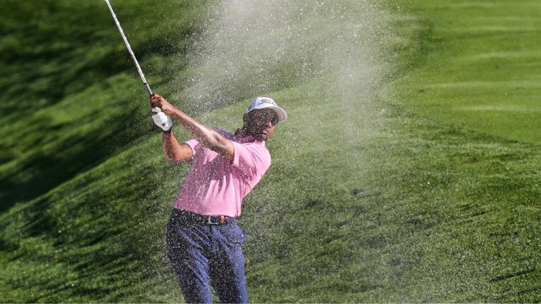Sudarshan Yellamaraju of Canada hits from the sand along the second fairway during the third round of The Players Championship golf tournament Saturday, March 14, 2026, in Ponte Vedra Beach, Fla. (Gerald Herbert/AP)