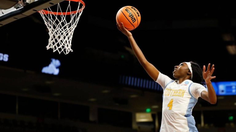 Southern University guard Jocelyn Tate shoots against Samford during the second half of a First Four college basketball game in the NCAA Tournament, Thursday, March 19, 2026, in Columbia, S.C. (Nell Redmond/AP)