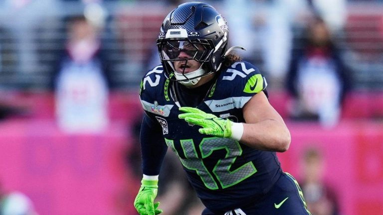 Seattle Seahawks linebacker Drake Thomas (42) runs during the NFL Super Bowl 60 football game against the New England Patriots, Feb. 8, 2026, in Santa Clara, Calif. (Steve Luciano/AP)