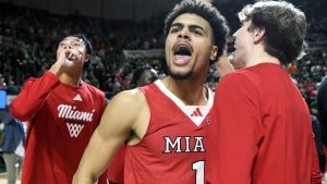 Miami (Ohio) guard Trey Perry reacts after defeating Ohio in an NCAA college basketball game, Friday, March 6, 2026, in Athens, Ohio. (HG Biggs/AP)