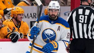 Buffalo Sabres' Alex Tuch (89) returns to the bench after scoring during the second period of an NHL hockey game against the Pittsburgh Penguins in Pittsburgh, Thursday, March 5, 2026. (Gene J. Puskar/AP)