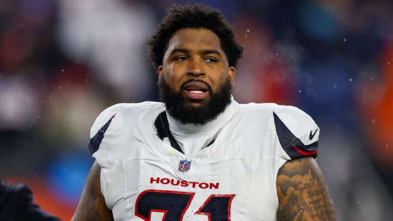 Houston Texans offensive tackle Tytus Howard (71) reacts during the first half of an NFL divisional playoff football game against the New England Patriots, Sunday, Jan. 18, 2026, in Foxborough, Mass. (Greg M. Cooper/AP)