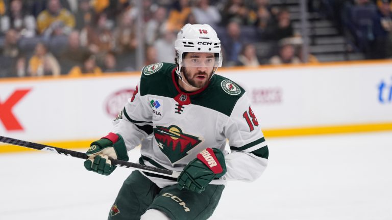 Minnesota Wild center Vinnie Hinostroza (18) plays during the second period of an NHL hockey game Wednesday, Feb. 4, 2026, in Nashville, Tenn. (George Walker IV/AP)