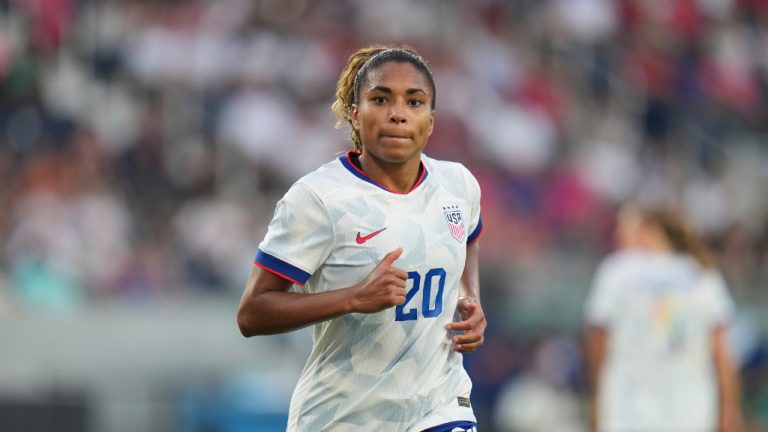 United States' Catarina Macario in action during the first half of an international friendly soccer match against Jamaica Tuesday, June 3, 2025, in St. Louis. (Jeff Roberson/AP)