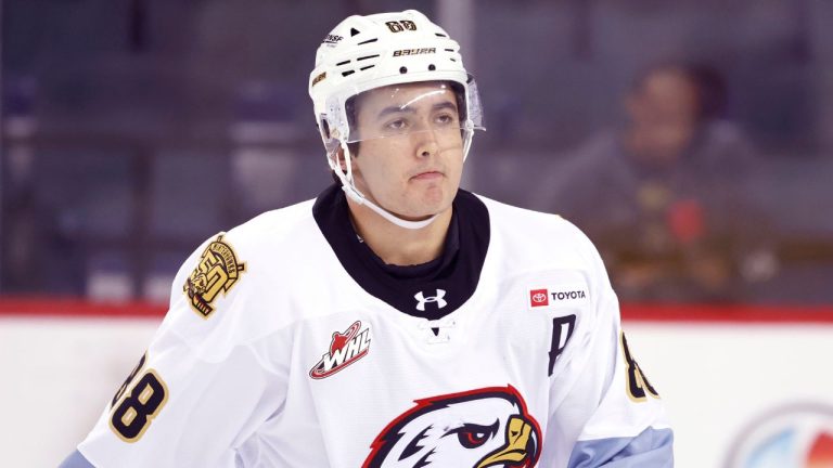Portland Winterhawks RW Alex Weiermair during WHL (Western Hockey League) hockey against the Calgary Hitmen in Calgary, Alta., Oct. 13, 2025. (Larry MacDougal/CP)
