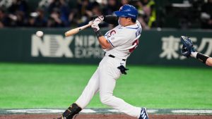 Taiwan's Wu Nien-ting hits the ball during the second inning of a World Baseball Classic Pool C game between Japan and Taiwan Friday, March 6, 2026 in Tokyo. (Eugene Hoshiko/AP)