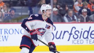 Columbus Blue Jackets' Zach Werenski plays during an NHL game Tuesday, March 24, 2026, in Philadelphia. (AP/Matt Slocum)