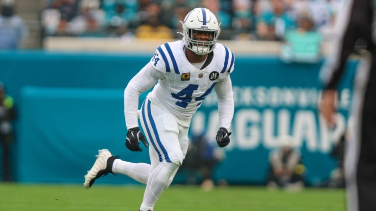 Indianapolis Colts linebacker Zaire Franklin runs to the ball during an NFL game against the Jacksonville Jaguars, Sunday, Dec. 7, 2025, in Jacksonville, Fla. (AP/Gary McCullough)