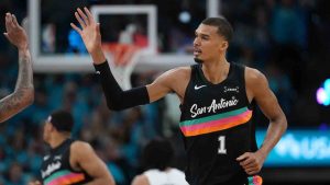 San Antonio Spurs forward Victor Wembanyama (1) celebrates a play against the Portland Trail Blazers during the first half in Game 1 of a first-round NBA playoffs basketball series in San Antonio, Sunday, April 19, 2026. (Eric Gay/AP)