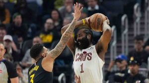 Cleveland Cavaliers guard James Harden (1) looks to pass the ball while being defended by Golden State Warriors guard Will Richard during the first half of an NBA basketball game in San Francisco, Thursday, April 2, 2026. (Jeff Chiu/AP)