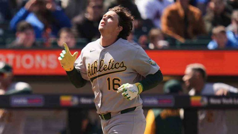Oakland Athletics' Nick Kurtz reacts after hitting a solo home run during the third inning of a baseball game against the New York Mets, Sunday, April 12, 2026, in New York. (Seth Wenig/AP)