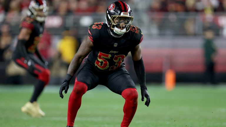San Francisco 49ers linebacker Dee Winters (53) defends during an NFL football game against the Seattle Seahawks, Saturday Jan. 03, 2026, in Santa Clara, Calif. (AP Photo/Scot Tucker)