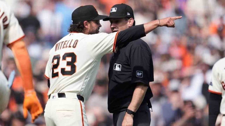 San Francisco Giants manager Tony Vitello (23) gestures after being ejected by umpire David Rackley, right, during the seventh inning of a baseball game between the Giants and the New York Mets in San Francisco, Sunday, April 5, 2026. (Jeff Chiu/AP)