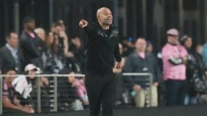 Inter Miami head coach Javier Mascherano gestures during the second half of a CONCACAF Champions Cup Round of 16 soccer match against Nashville, Wednesday, March 18, 2026, in Fort Lauderdale, Fla. (Marta Lavandier/AP)