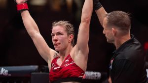 Melissa Croden of Calgary celebrates a UFC victory. (Ethan Cairns/CP)