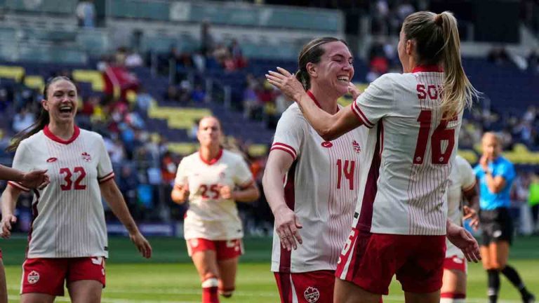 Canada defender Vanessa Gilles (14) celebrates her goal with forward Janine Sonis (16) during the first half of a SheBelieves Cup women's soccer tournament match against Colombia, Sunday, March 1, 2026, in Nashville, Tenn. (George Walker IV/AP)