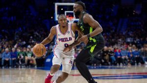 Philadelphia 76ers' Tyrese Maxey, left, in action against Boston Celtics' Jaylen Brown, right, during the NBA basketball game, Sunday, Feb. 2, 2025, in Philadelphia. Celtics won 118-110. (Chris Szagola/AP)