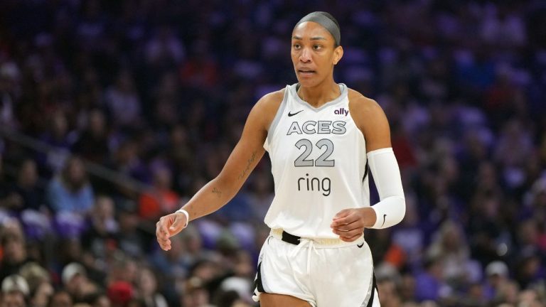 Las Vegas Aces centre A'ja Wilson (22) against the Phoenix Mercury during the first half of Game 4 of the WNBA basketball finals, Friday, Oct. 10, 2025, in Phoenix. (Rick Scuteri/AP)