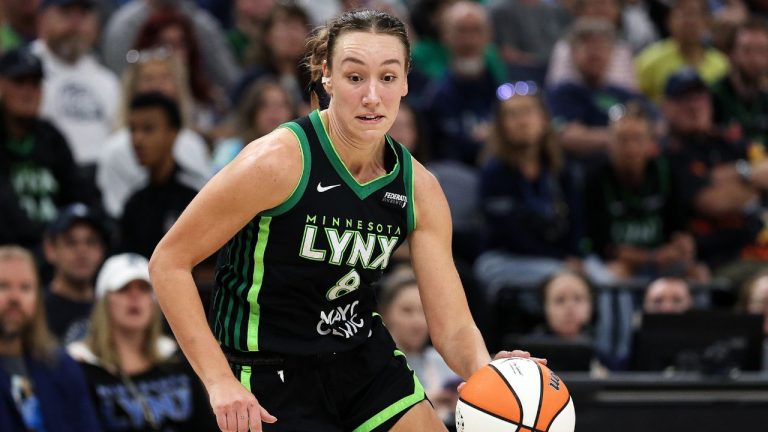 Minnesota Lynx forward Alanna Smith (8) drives toward the basket against the Phoenix Mercury during the second half of Game 2 of a WNBA basketball playoff semifinals series Tuesday, Sept. 23, 2025, in Minneapolis. (Matt Krohn/AP)