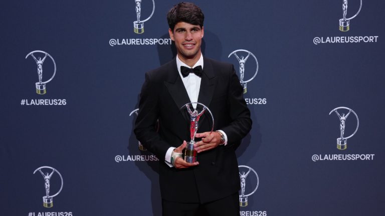 Carlos Alcaraz poses with his Laureus World Sportsman of the Year award during the 2026 Laureus World Sports Awards ceremony in Madrid, Spain, Monday, April 20, 2026. (Manu Fernandez/AP)