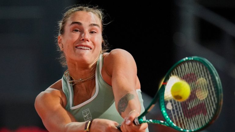 Aryna Sabalenka, of Belarus, returns the ball to Hailey Baptiste, of the United States, during the Madrid Open tennis tournament in Madrid, Tuesday, April 28, 2026. (Manu Fernandez/AP)