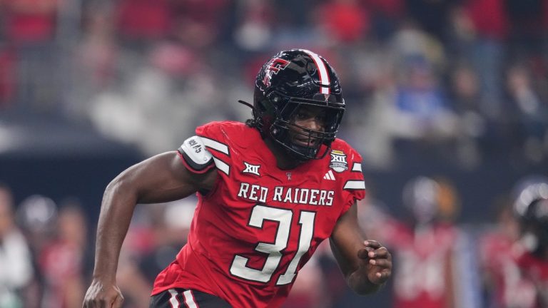 Texas Tech linebacker David Bailey (31) rushes in during the Big 12 Conference championship NCAA college football game between Texas Tech and BYU Saturday, Dec. 6, 2025, in Arlington, Texas. (AP/Julio Cortez)