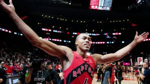 Toronto Raptors forward Scottie Barnes celebrates winning after the end of second half NBA playoff basketball action against Cleveland Cavaliers in Toronto on Sunday, April 26, 2026. (Frank Gunn/CP)