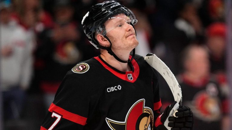 Ottawa Senators' Brady Tkachuk (7) looks on after the team was eliminated by the Carolina Hurricanes after third period of first round Game 4 NHL playoff hockey action in Ottawa, on Saturday, April 25, 2026. (Justin Tang/CP)