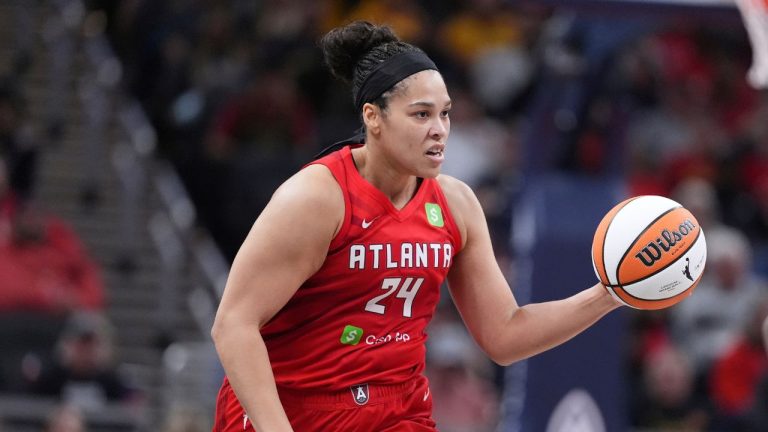 Atlanta Dream forward Brionna Jones (24) plays against the Indiana Fever in the second half of a WNBA basketball game in Indianapolis, Tuesday, May 20, 2025. (Michael Conroy/AP)