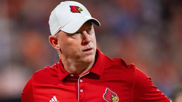 Louisville head coach Jeff Brohm looks on during an NCAA college football game against Clemson Saturday, Nov. 2, 2024, in Clemson, S.C. (Jacob Kupferman/AP)