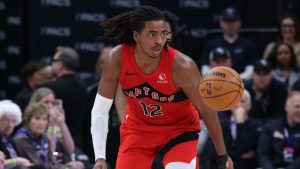 Toronto Raptors forward Collin Murray-Boyles plays the ball during the second half of an NBA basketball game against the Utah Jazz, Monday, March 23, 2026, in Salt Lake City. (Rob Gray/AP)