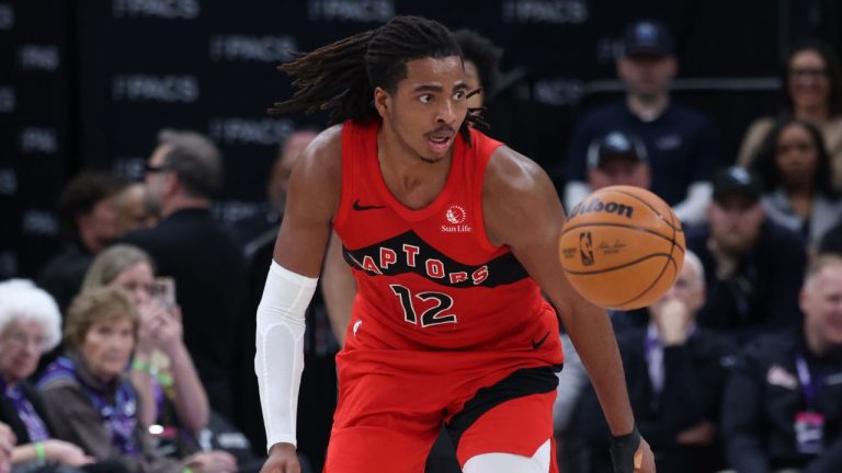 Toronto Raptors forward Collin Murray-Boyles plays the ball during the second half of an NBA basketball game against the Utah Jazz, Monday, March 23, 2026, in Salt Lake City. (Rob Gray/AP)