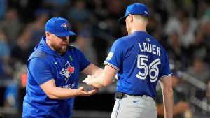 Toronto Blue Jays manager John Schneider releives pitcher Eric Lauer (56) during the fifth inning of a baseball game against the Tampa Bay Rays Friday, May 23, 2025, in Tampa, Fla. (Chris O'Meara/AP)