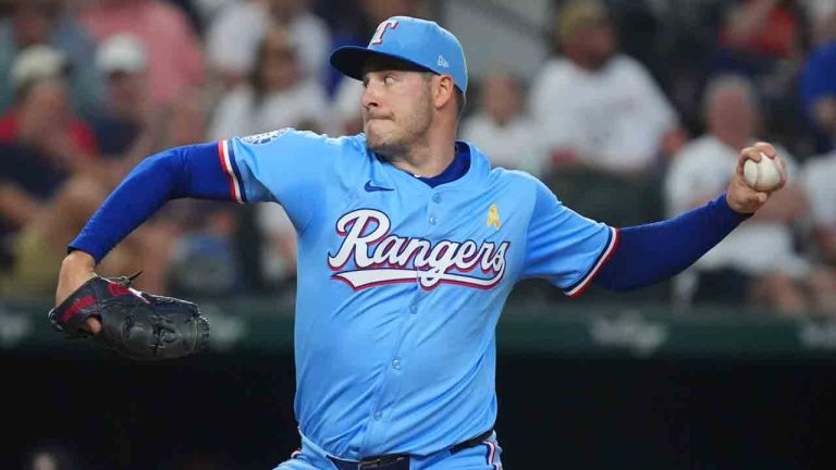 Texas Rangers starting pitcher Patrick Corbin throws during the first inning of a baseball game against the Houston Astros, Sunday, Sept. 7, 2025, in Arlington, Texas. (LM Otero/AP)