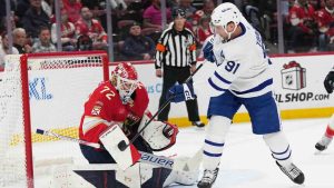 Florida Panthers goaltender Sergei Bobrovsky (72) defends a shoot the goal by Toronto Maple Leafs center John Tavares (91) during the first period of an NHL hockey game, Tuesday, Dec. 2, 2025, in Sunrise, Fla. (Lynne Sladky/AP)