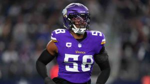 Minnesota Vikings linebacker Jonathan Greenard (58) rushes off the field during an NFL football game between the Dallas Cowboys and the Minnesota Vikings Sunday, Dec. 14, 2025, in Arlington, Texas. (Julio Cortez/AP)