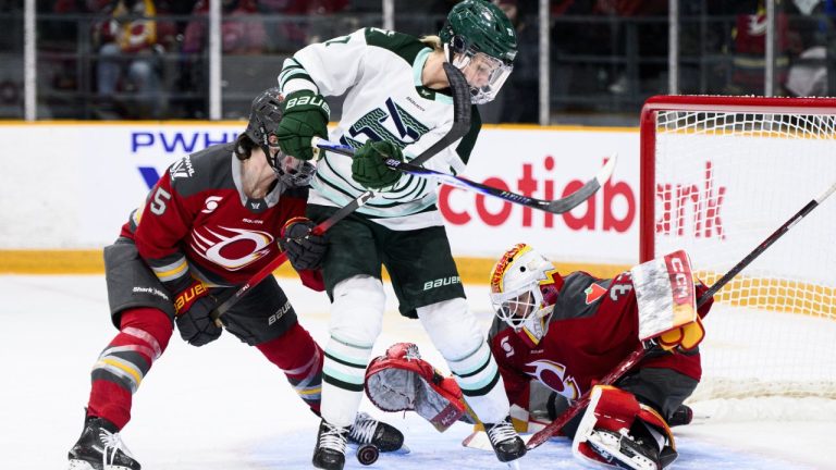 Ottawa Charge goaltender Gwyneth Philips (33) makes a glove save as Boston Fleet’s Shay Maloney (27) looks for the puck during second period PWHL hockey action in Ottawa, on Saturday, Dec. 27, 2025. THE CANADIAN PRESS/Spencer Colby