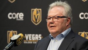 Kelly McCrimmon, general manager of the Vegas Golden Knights, speaks during a news conference before an NHL hockey game against the Philadelphia Flyers, Monday, Jan. 19, 2026, in Las Vegas. (Candice Ward/AP)