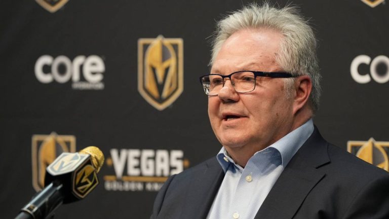 Kelly McCrimmon, general manager of the Vegas Golden Knights, speaks during a news conference before an NHL hockey game against the Philadelphia Flyers, Monday, Jan. 19, 2026, in Las Vegas. (Candice Ward/AP)