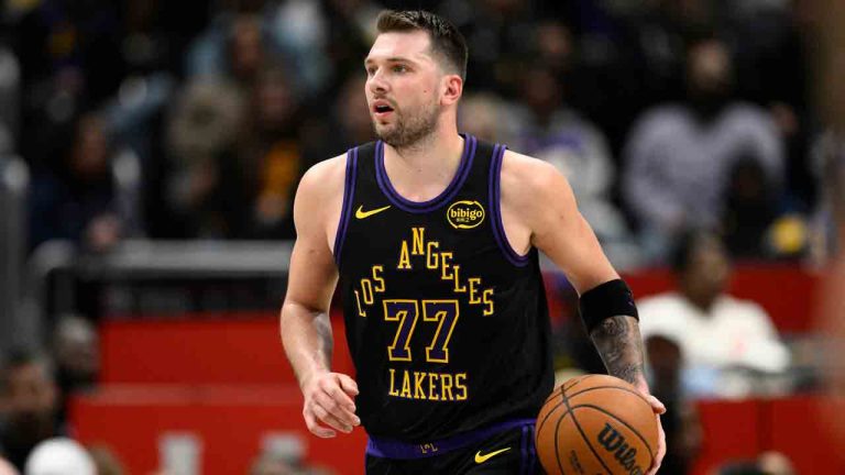 Los Angeles Lakers guard Luka Doncic (77) in action during the second half of an NBA basketball game against the Washington Wizards, Friday, Jan. 30, 2026, in Washington. (Nick Wass/AP)