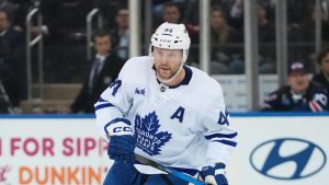 Toronto Maple Leafs' Morgan Rielly during the second period of an NHL hockey game against the New York Rangers Thursday, March 5, 2026, in New York. (AP Photo/Frank Franklin II)