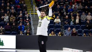 Matt Dunstone, skip  of Team Manitoba-Dunstone stretches during the 1 vs. 2 playoffs at the Montana's Brier Canadian men's curling championship, in St. John's, N.L., on Saturday, March 7, 2026. THE CANADIAN PRESS/Paul Daly